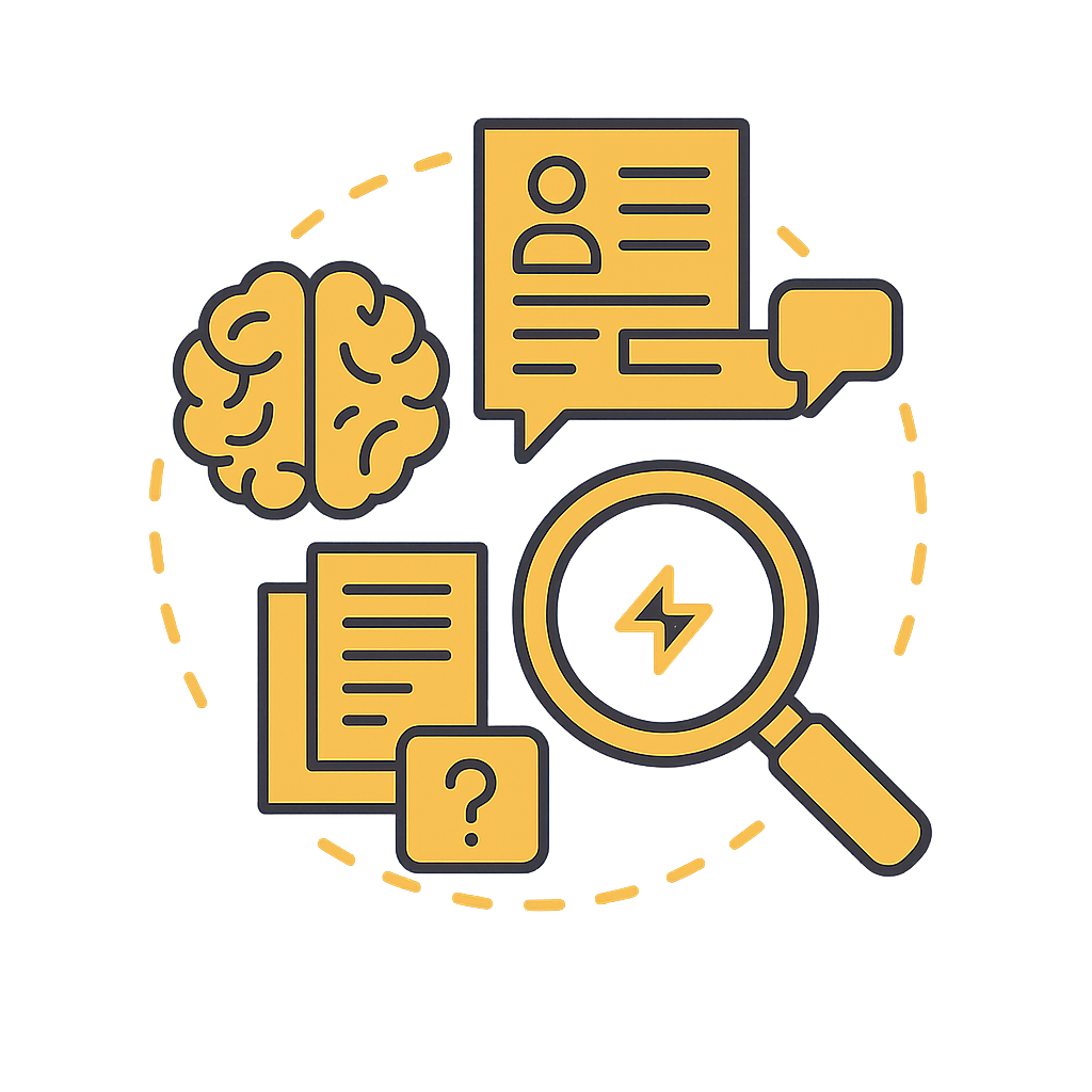 A circular illustration with icons representing intelligence, communication, discovery, and documentation, connected by dashed lines.