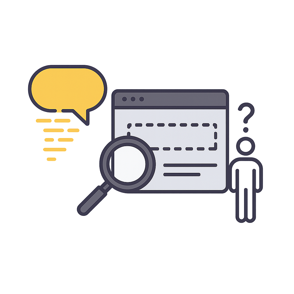 Flat-style illustration of a yellow chat bubble dissolving into lines next to a browser window with a magnifying glass over an empty dashed rectangle. A person icon stands with a question mark above their head, conveying confusion or lack of visibility. The image uses yellow, dark purple, and soft gray tones to symbolize disappearing or inaccessible conversation data.