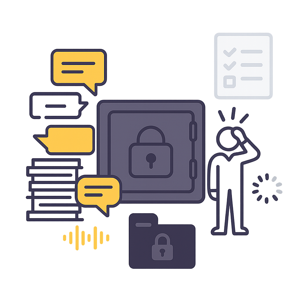 Illustration of a person standing in front of a locked safe surrounded by piles of documents, chat bubbles, and an audio waveform. A checklist hovers faintly in the background, and a loading spinner symbolizes delay. The design uses yellow, dark purple, and gray tones to represent inaccessible insights trapped in unstructured data.