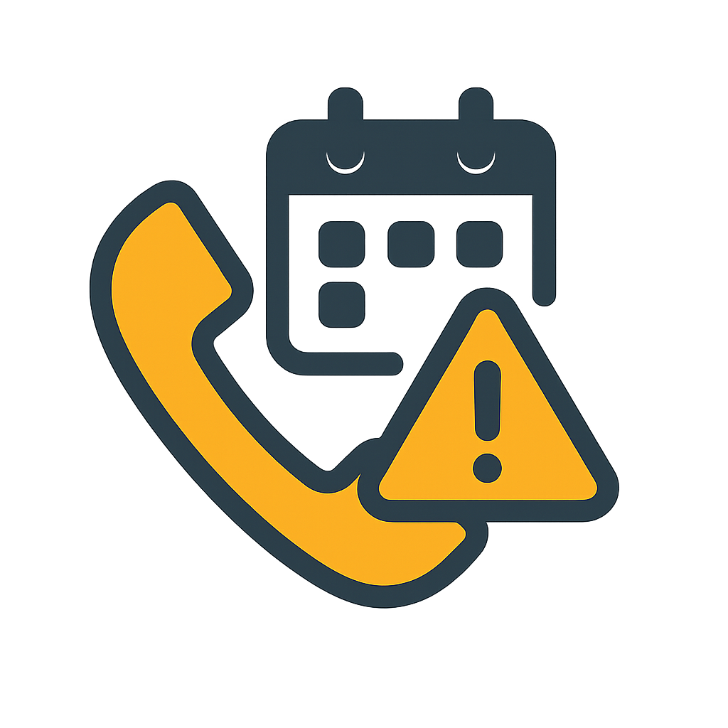 An icon depicting a yellow telephone receiver, a dark grey calendar, and a yellow warning triangle with an exclamation mark.This suggests a notification or reminder related to a call or an appointment.