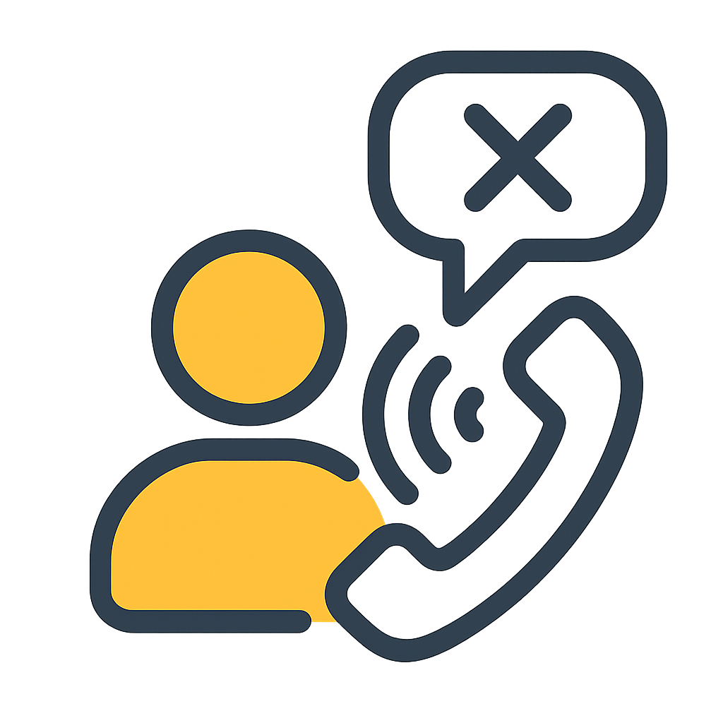 An icon featuring a yellow person outline, a dark grey telephone receiver with sound waves emanating from it, and a dark grey speech bubble containing a white 'X'. This likely signifies a missed call, a cancelled communication, or a blocked contact.