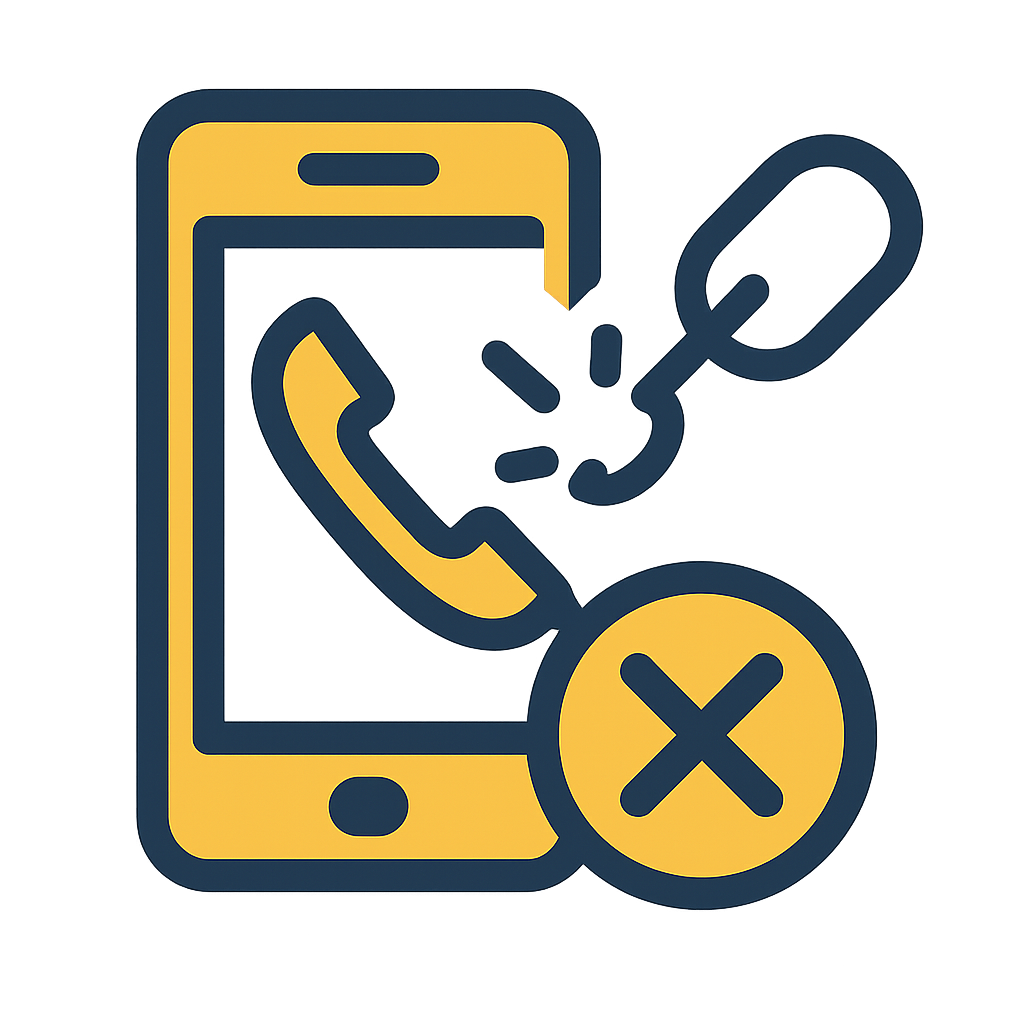An icon depicting a yellow smartphone with a yellow telephone receiver visible on its screen, a broken dark grey chain link, and a yellow circle with a dark grey 'X' at the bottom right. This suggests a broken connection, a failed call, or an issue with phone service.