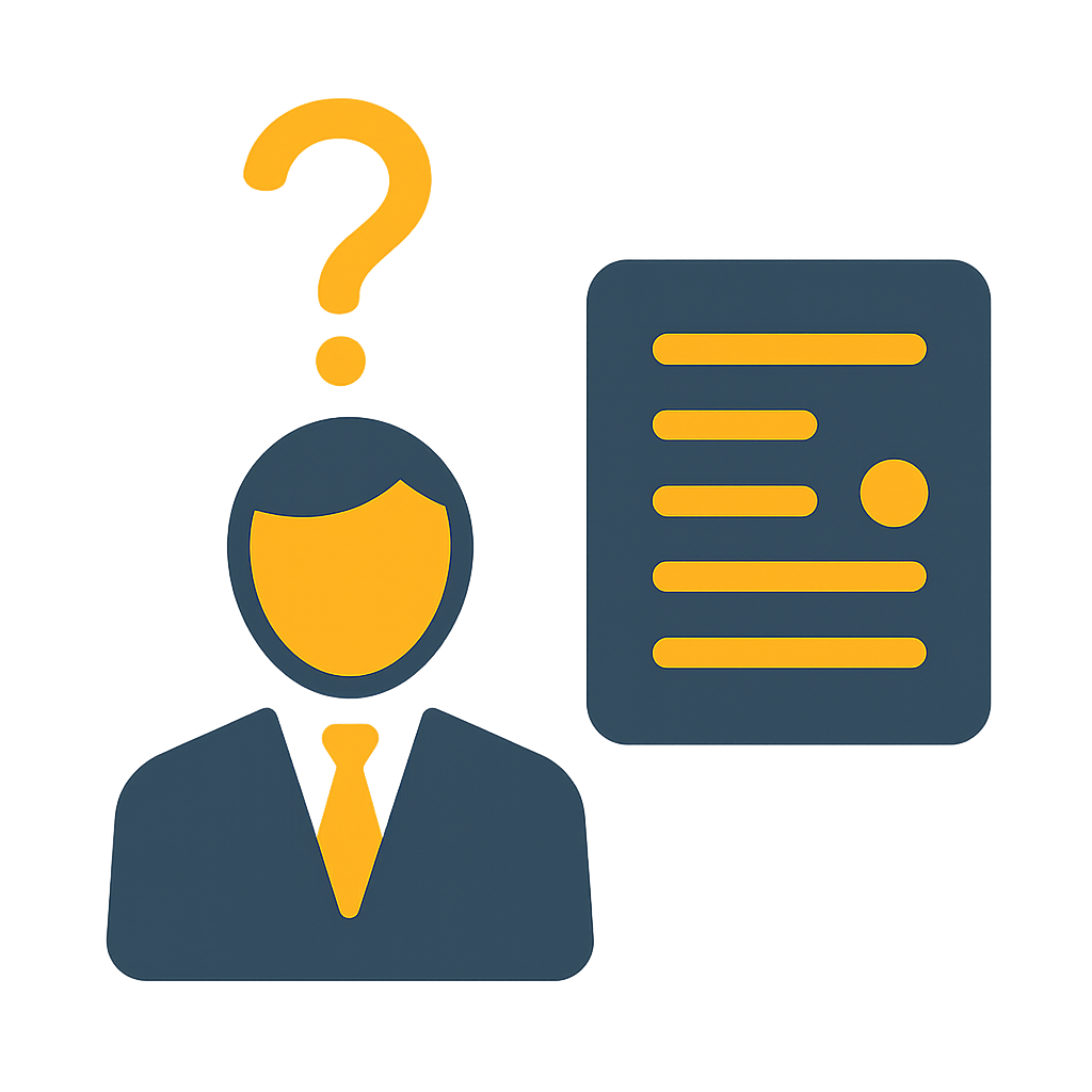 An icon depicting a person in a suit with a yellow question mark above their head, suggesting confusion or inquiry. To the right is a document with text lines and a bullet point. The person and document are dark blue, with yellow accents on the face, tie, and question mark.