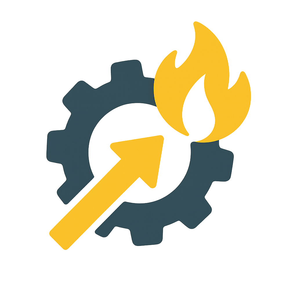 A dark blue gear with a yellow upward arrow passing through its center, and a yellow flame emerging from the top right side, symbolizing high performance or intense activity.