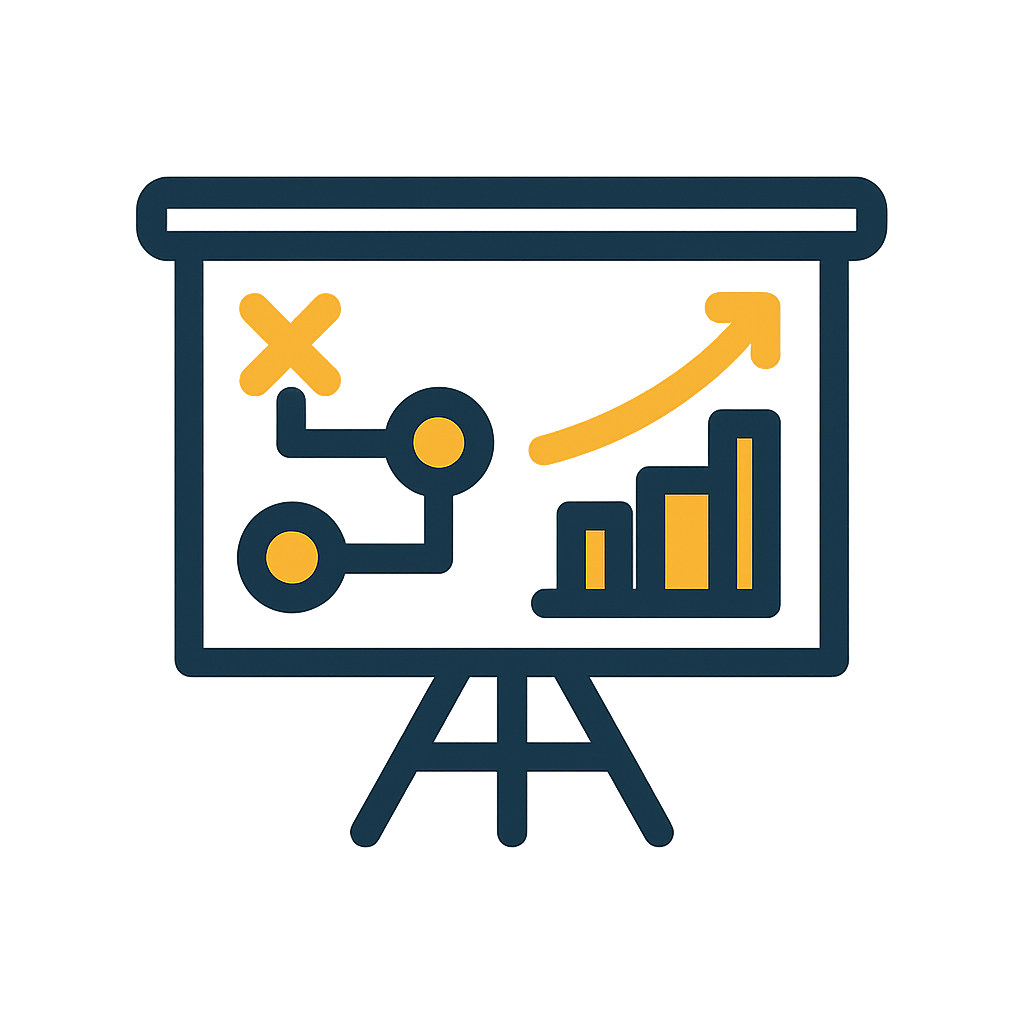 An icon of a presentation board on a tripod stand, featuring a flowchart with connected circles and an 'X' mark, an upward trending arrow, and a bar chart with three ascending bars. The design uses yellow and dark blue colors.