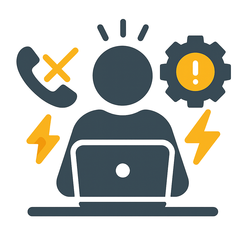 Icon depicting a person working on a laptop with symbols of stress and technical issues around them, including a crossed-out phone, an exclamation mark inside a gear, and lightning bolts.