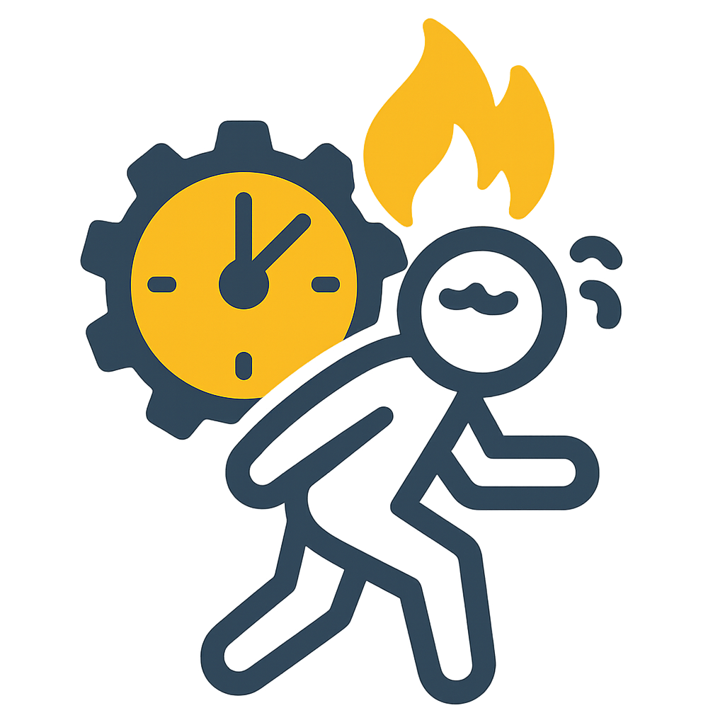  Icon depicting a person running with a stressed expression, sweat droplets near the head, and flames above the head. Behind the person is a large gear with a clock face inside it, indicating time pressure or urgency.