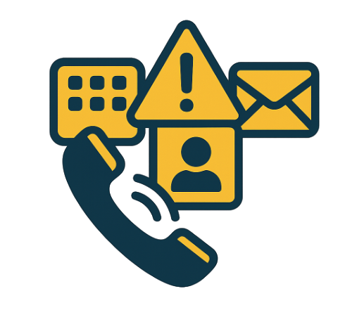 Flat vector illustration showing two outlined human figures with broken communication icons – a cracked speech bubble, a fragmented phone, and a split envelope – floating between them. Designed in minimal style using dark purple outlines on a transparent background to represent disconnected communication.