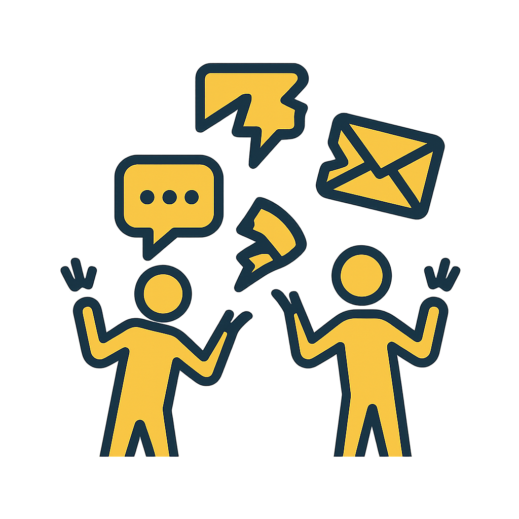 Flat-style icon illustrating communication overload: a dark navy blue phone handset emitting signal lines is placed in front of layered yellow elements including a grid-like app icon, a warning triangle with an exclamation mark, a user profile symbol, and an envelope. The illustration represents the confusion caused by using too many disconnected systems for communication.