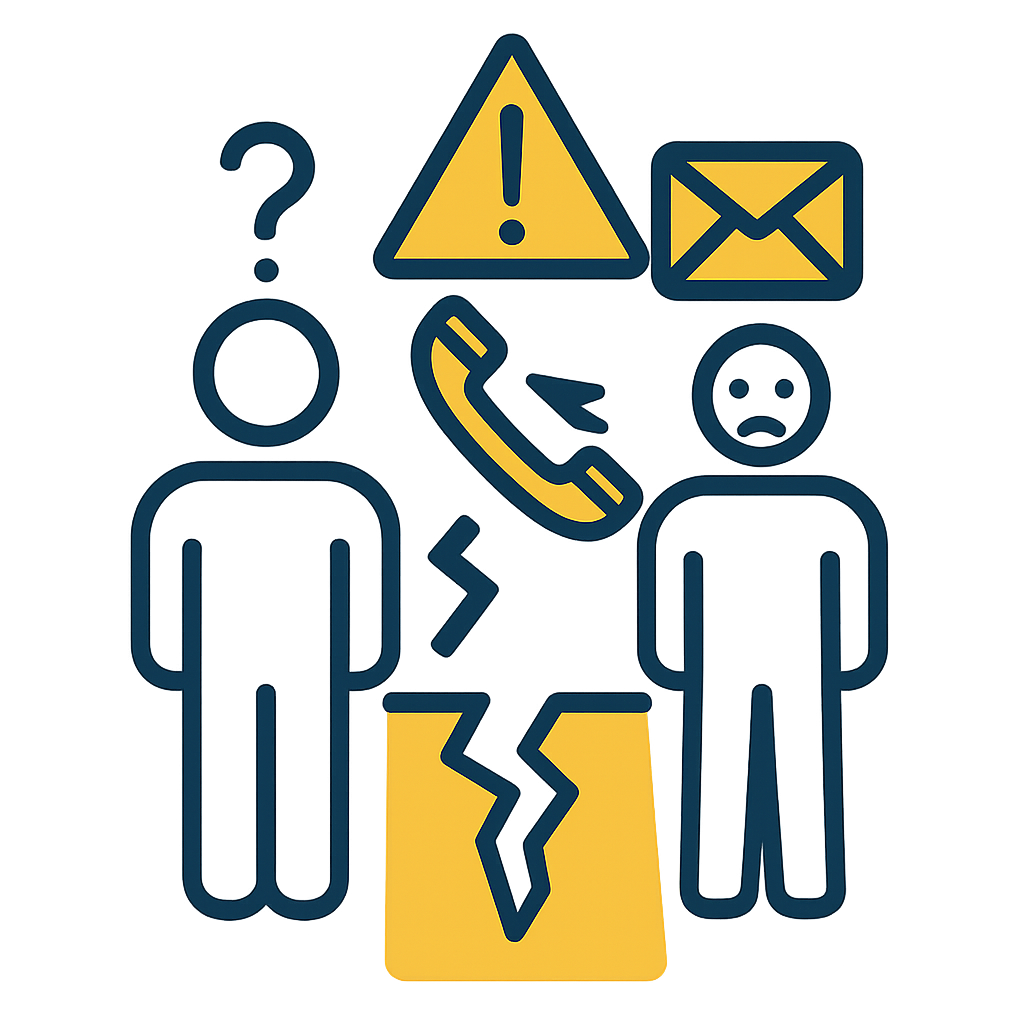 Flat-style vector icon showing two outlined human figures in navy blue separated by a jagged yellow chasm. Above them are icons of a warning triangle, a phone, and an envelope, symbolizing missed calls and messages. One figure has a question mark overhead and the other a sad face, representing breakdowns in communication, poor handoffs, and declining confidence.