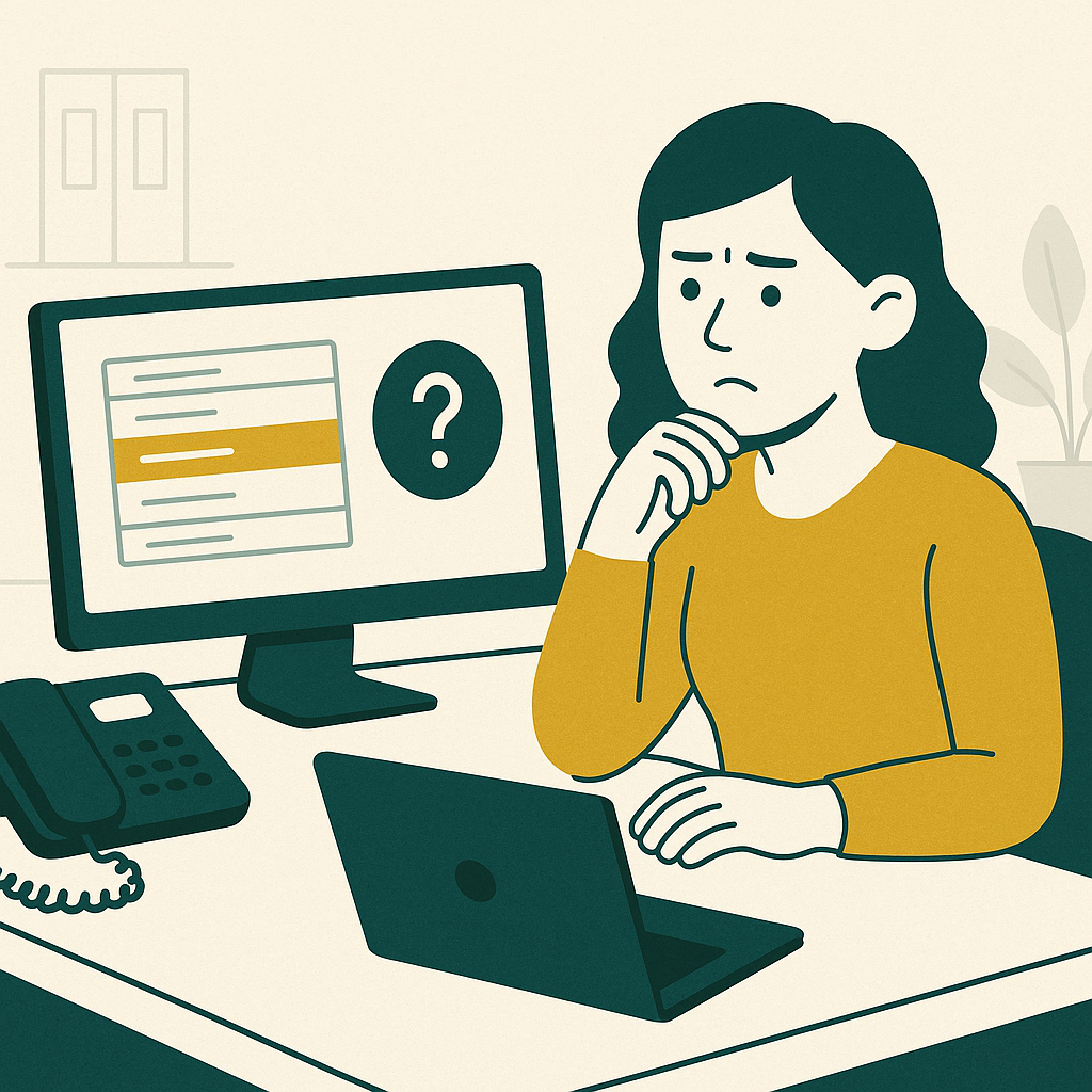 An illustration of a person sitting at a desk with a laptop in front. The person has a thoughtful expression and is resting their chin on their hand. On the desk, there is also a telephone. A computer monitor displays an interface with some text and a large question mark icon, suggesting the person might be seeking help or information. The background includes minimalistic office elements like plants and windows.