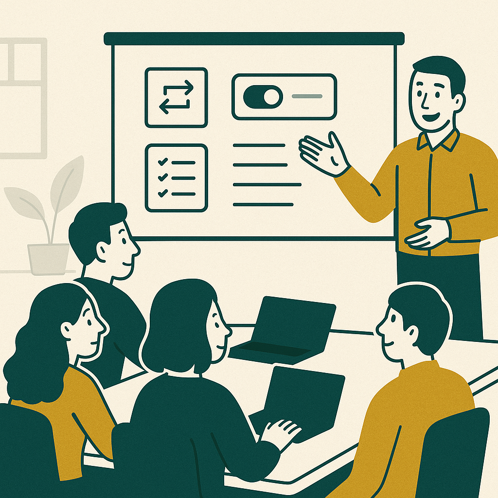 An illustration of a business meeting or presentation. A man in a yellow shirt is standing and presenting information on a projector screen to four seated individuals. The screen displays icons and lists, including an arrow icon, a toggle switch, and checklists. The seated individuals are using laptops and appear to be engaged in the presentation. There is also a potted plant in the background on the left side of the image.