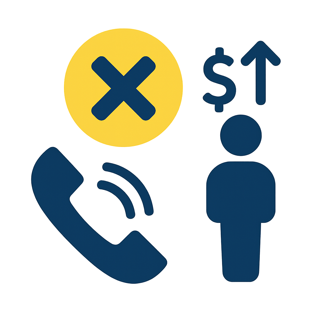 Flat-style vector icon illustrating the concept of missed opportunities from unanswered calls. A navy blue phone handset with sound wave lines sits at the lower left. Above it, a large yellow circle with a navy 'X' symbolizes a missed or rejected call. To the right, a dollar sign and upward arrow next to a human figure represent lost business or growth potential. Designed in yellow and navy blue with a transparent background.