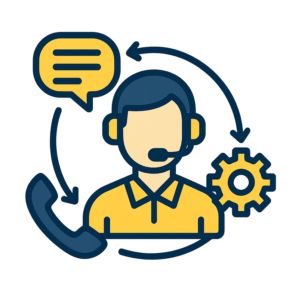 Flat-style vector illustration showing a customer service representative wearing a headset, surrounded by a speech bubble, phone icon, and gear, all connected by arrows. Rendered in yellow and navy blue on a transparent background, the image represents automating repetitive messaging tasks to free up reps' time.