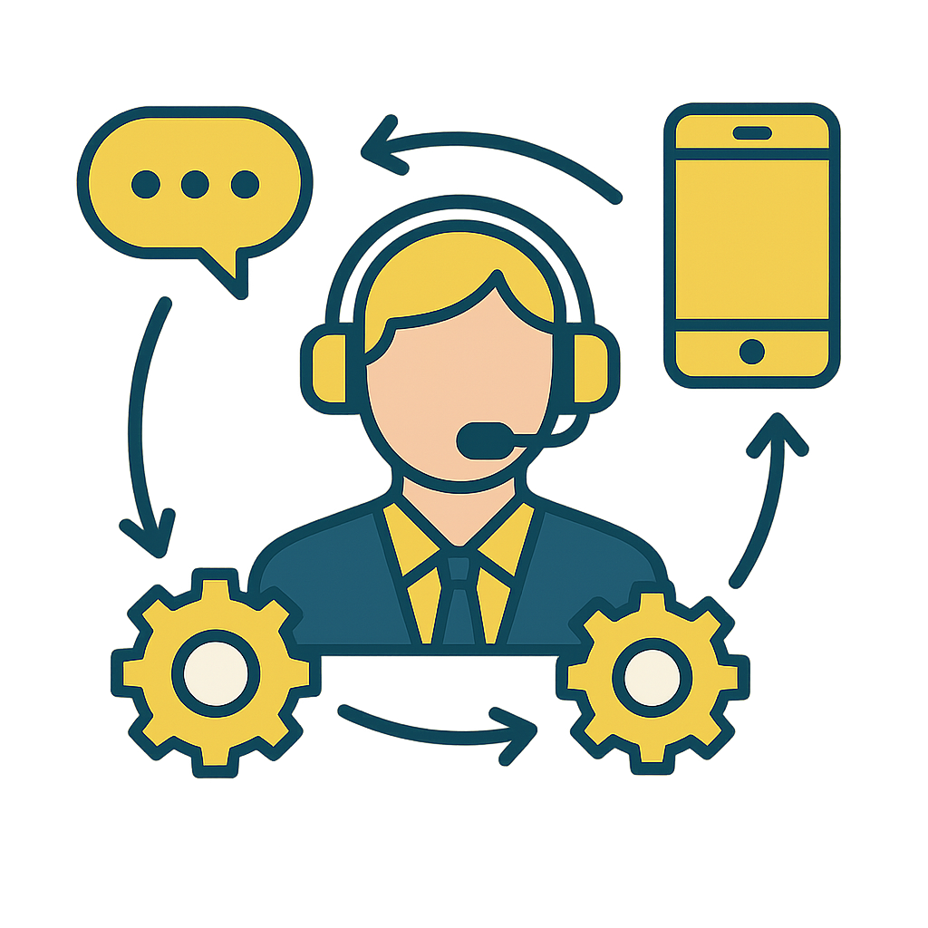 Flat-style vector illustration of a call center agent wearing a headset, surrounded by automation icons including a speech bubble, smartphone, and two cogwheels. Arrows connect the icons in a circular flow, symbolizing how smart workflows support human teams through timely follow-ups and triggered communications. Designed in yellow and navy blue on a transparent background.